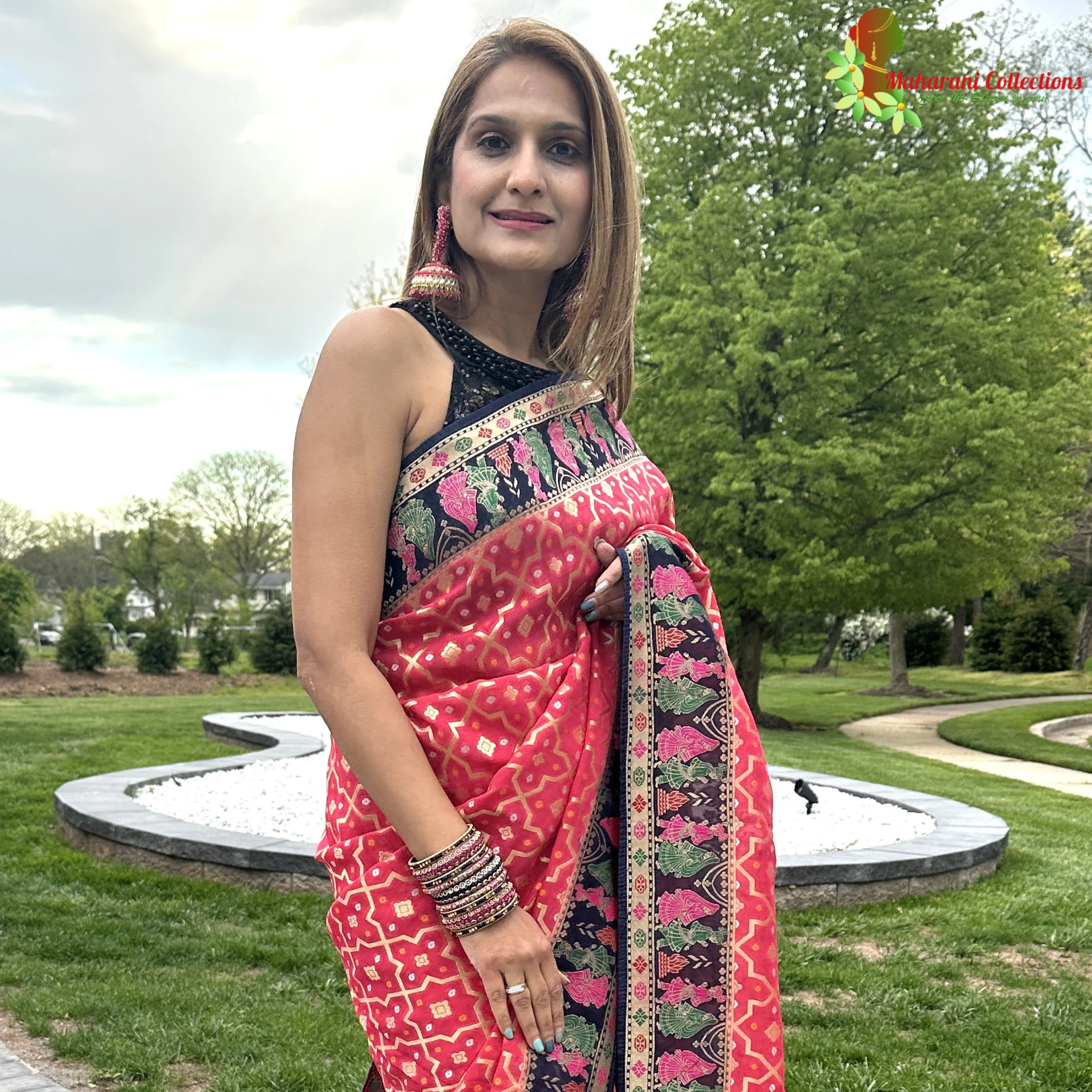 Maharani's Pure Banarasi Silk Saree - Raspberry Red and Blue
