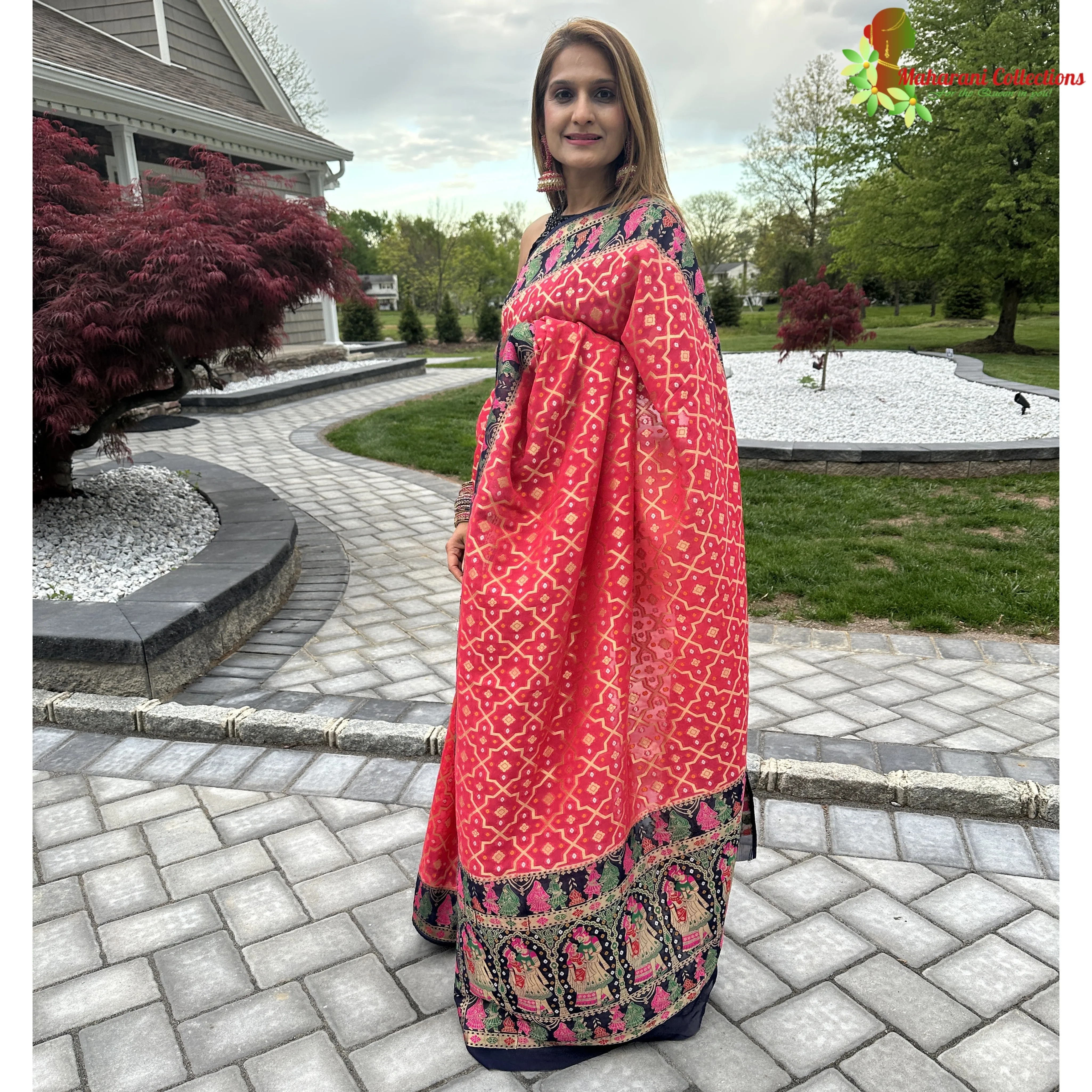 Maharani's Pure Banarasi Silk Saree - Raspberry Red and Blue
