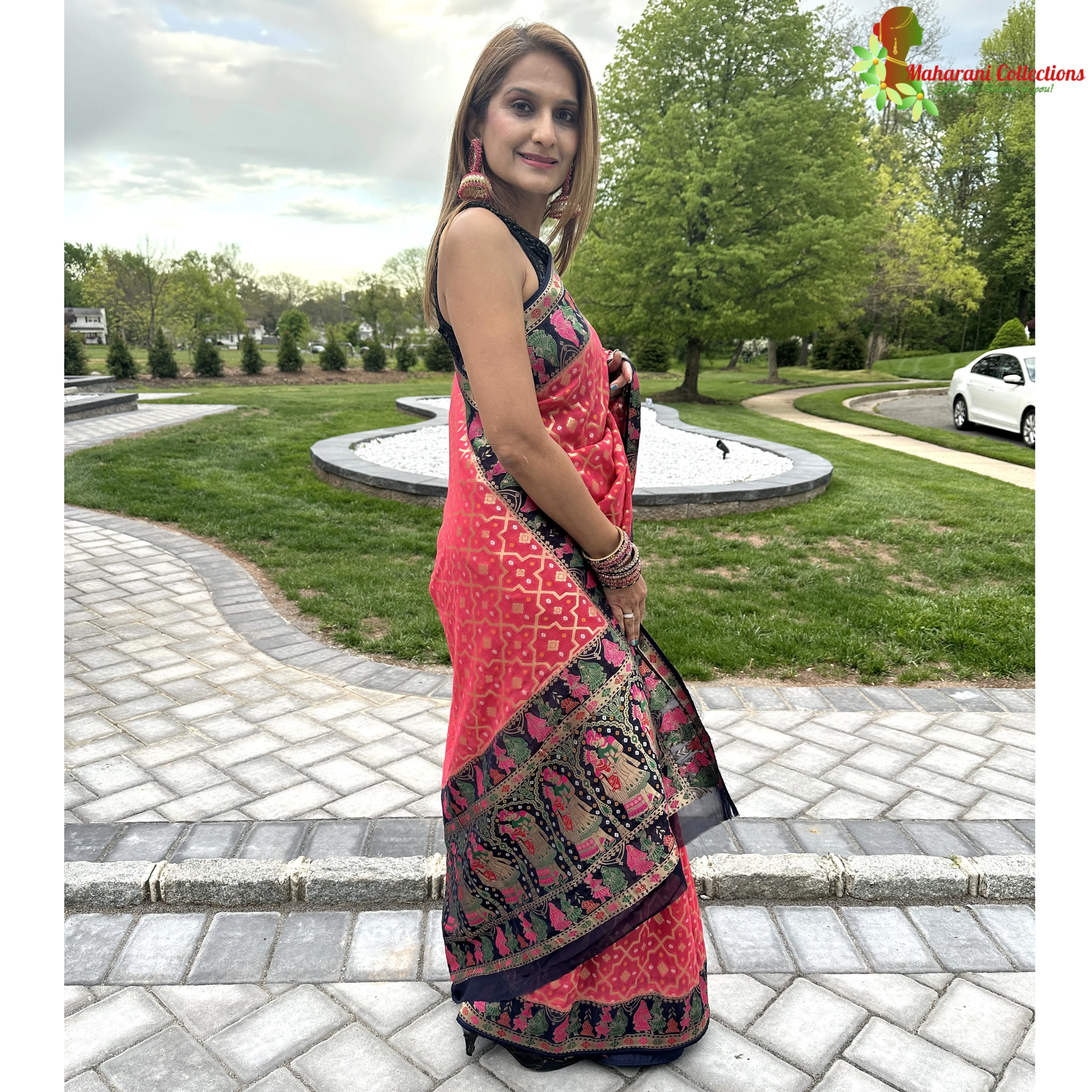Maharani's Pure Banarasi Silk Saree - Raspberry Red and Blue