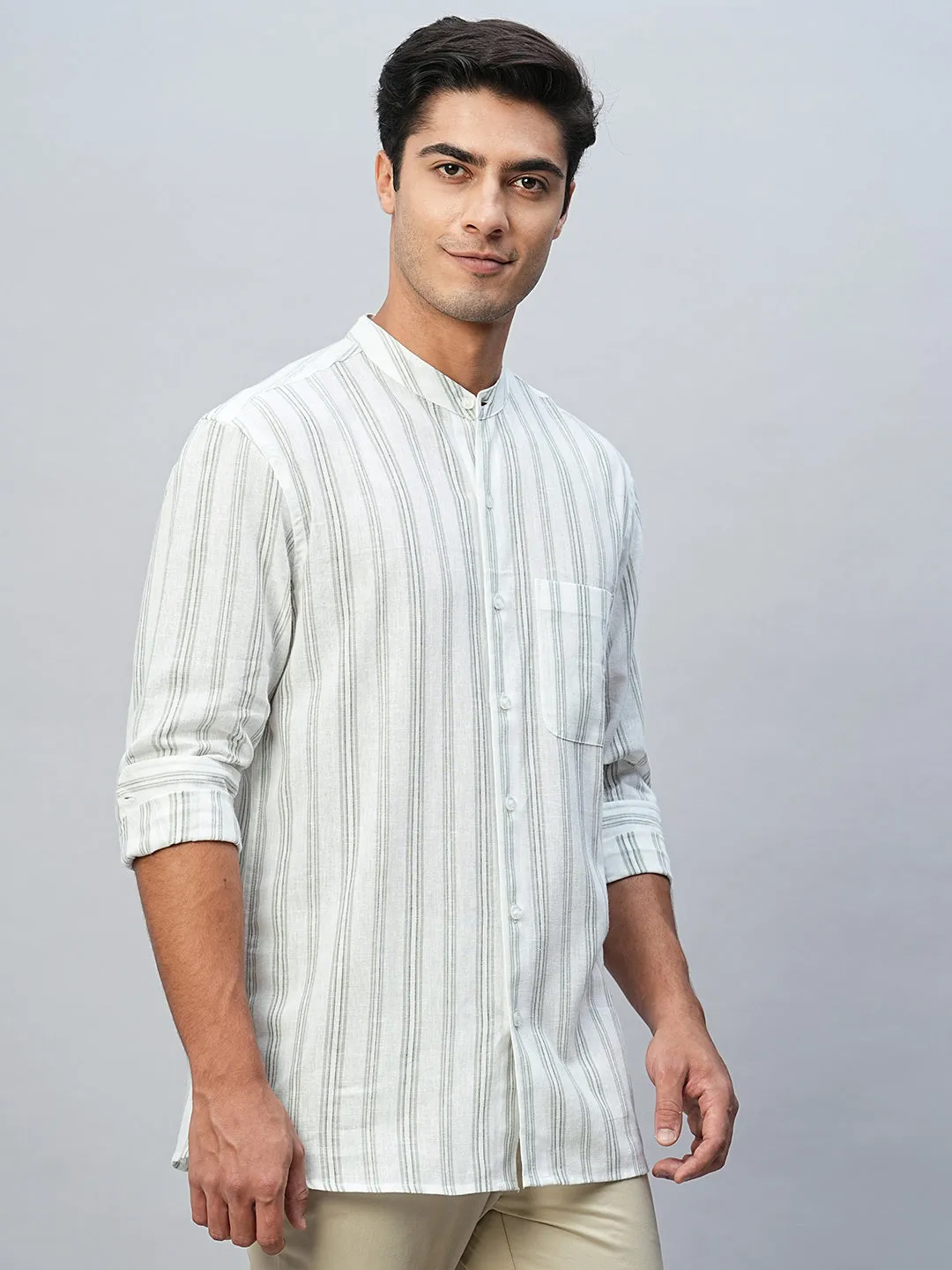 Men's Green Cotton Linen Regular Fit Striped Shirt