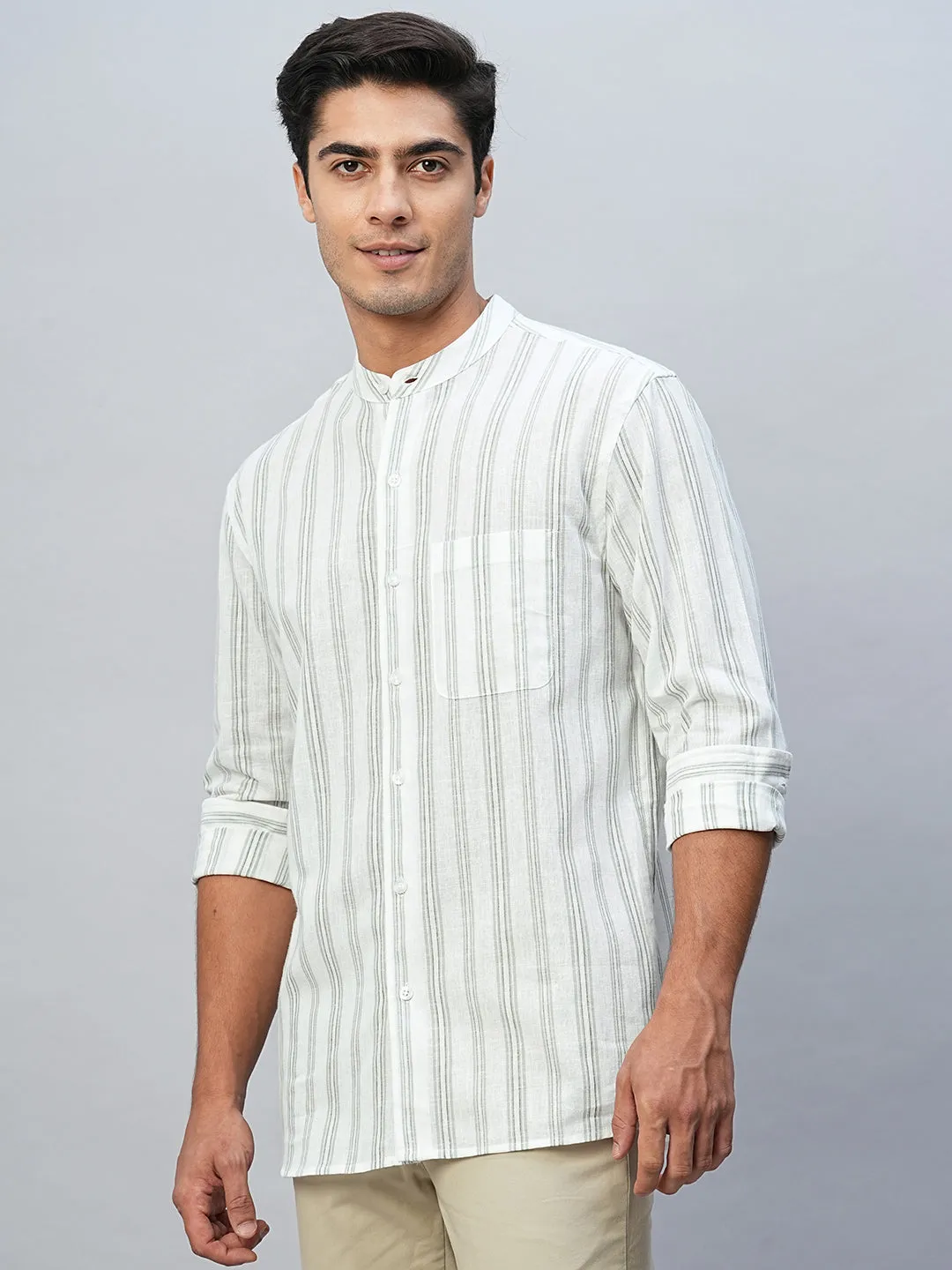 Men's Green Cotton Linen Regular Fit Striped Shirt