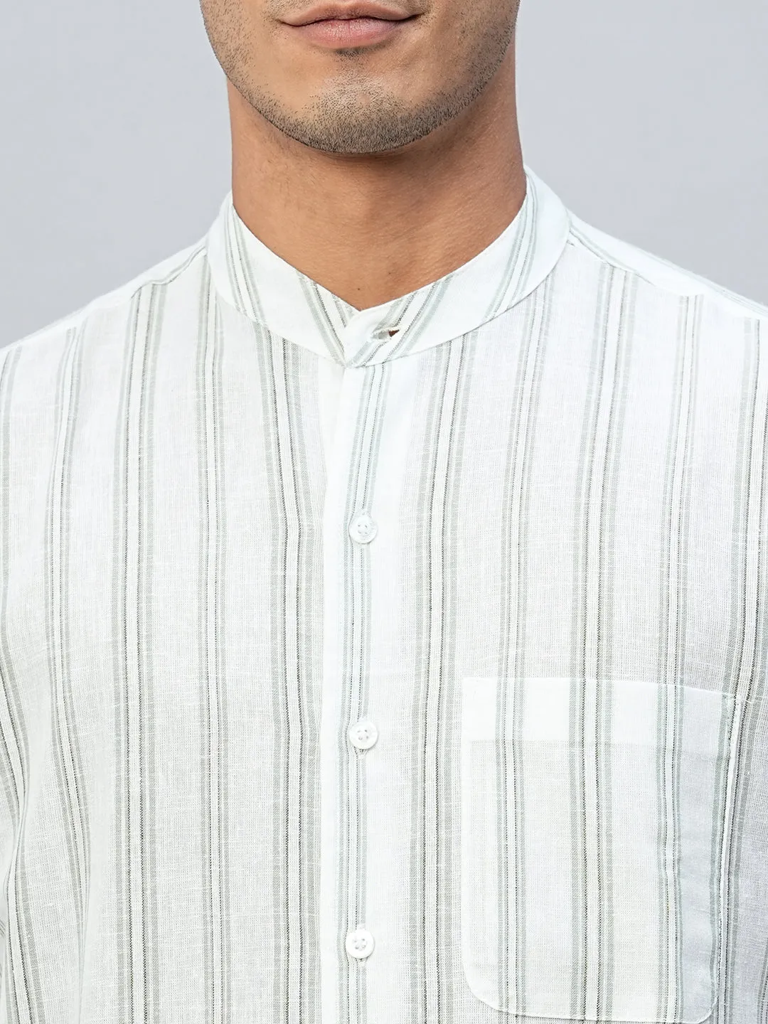 Men's Green Cotton Linen Regular Fit Striped Shirt