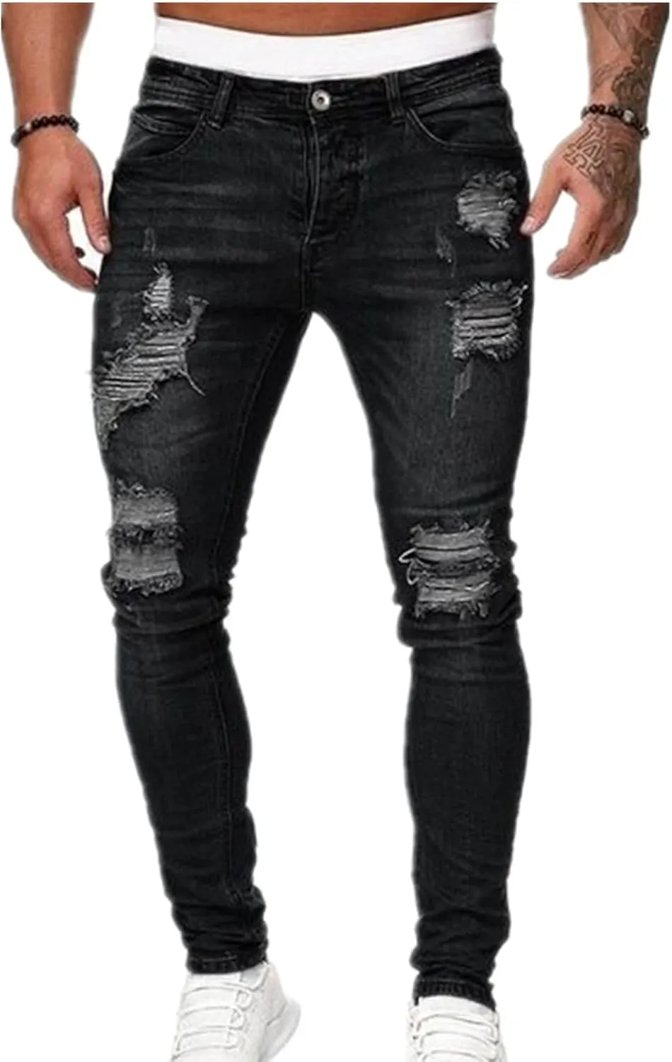 Men's Ripped Jeans  Fashionable Slim Fit Stretch Denim with Patches,Ripped Distressed Destroyed Straight Slim Fit Jeans