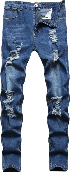Men's Ripped Jeans  Fashionable Slim Fit Stretch Denim with Patches,Ripped Distressed Destroyed Straight Slim Fit Jeans