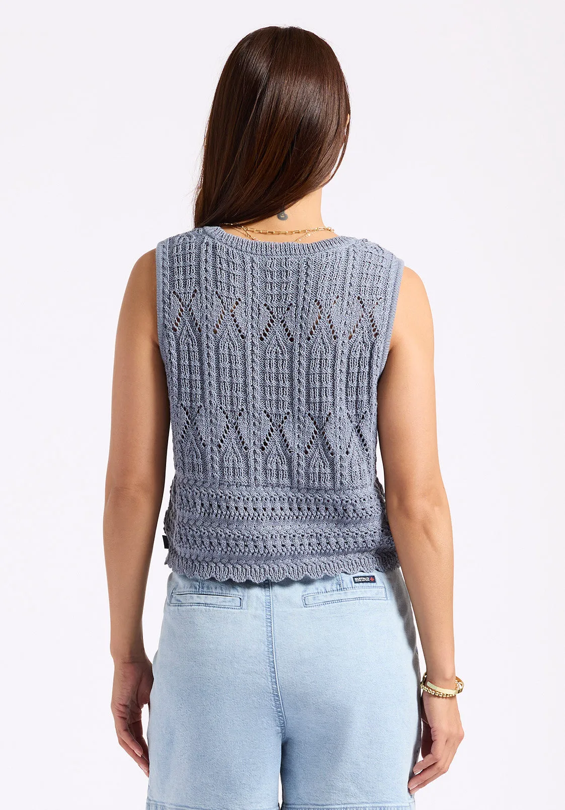 Merrybell Women's Pointelle Knit Button-Down Vest, Bleached Navy - SW0114P