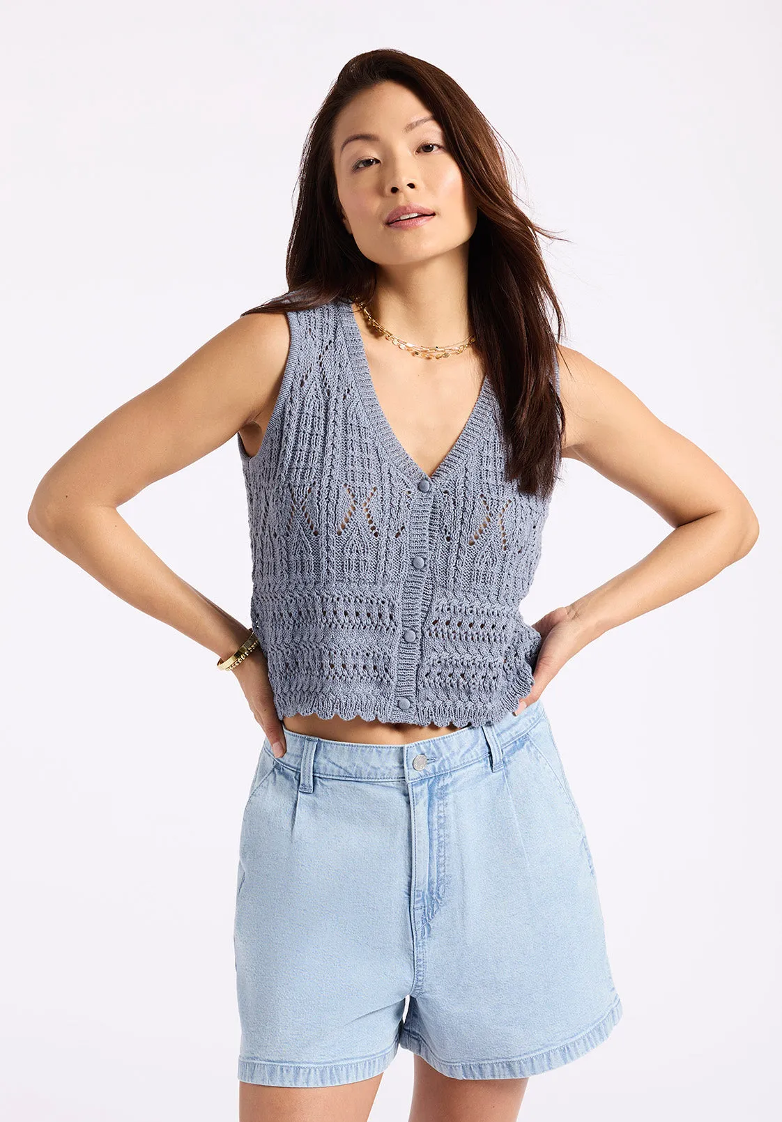 Merrybell Women's Pointelle Knit Button-Down Vest, Bleached Navy - SW0114P
