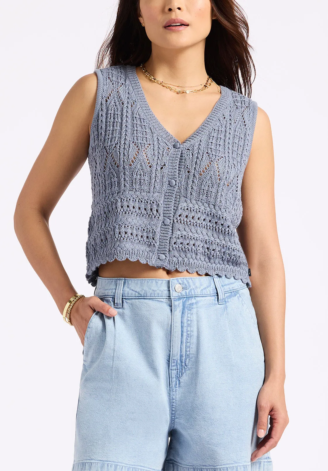 Merrybell Women's Pointelle Knit Button-Down Vest, Bleached Navy - SW0114P