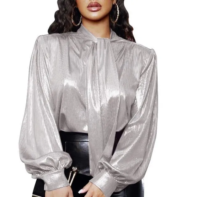 metallic bow tie balloon sleeve blouse