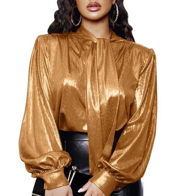 metallic bow tie balloon sleeve blouse