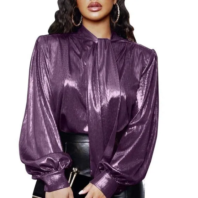metallic bow tie balloon sleeve blouse
