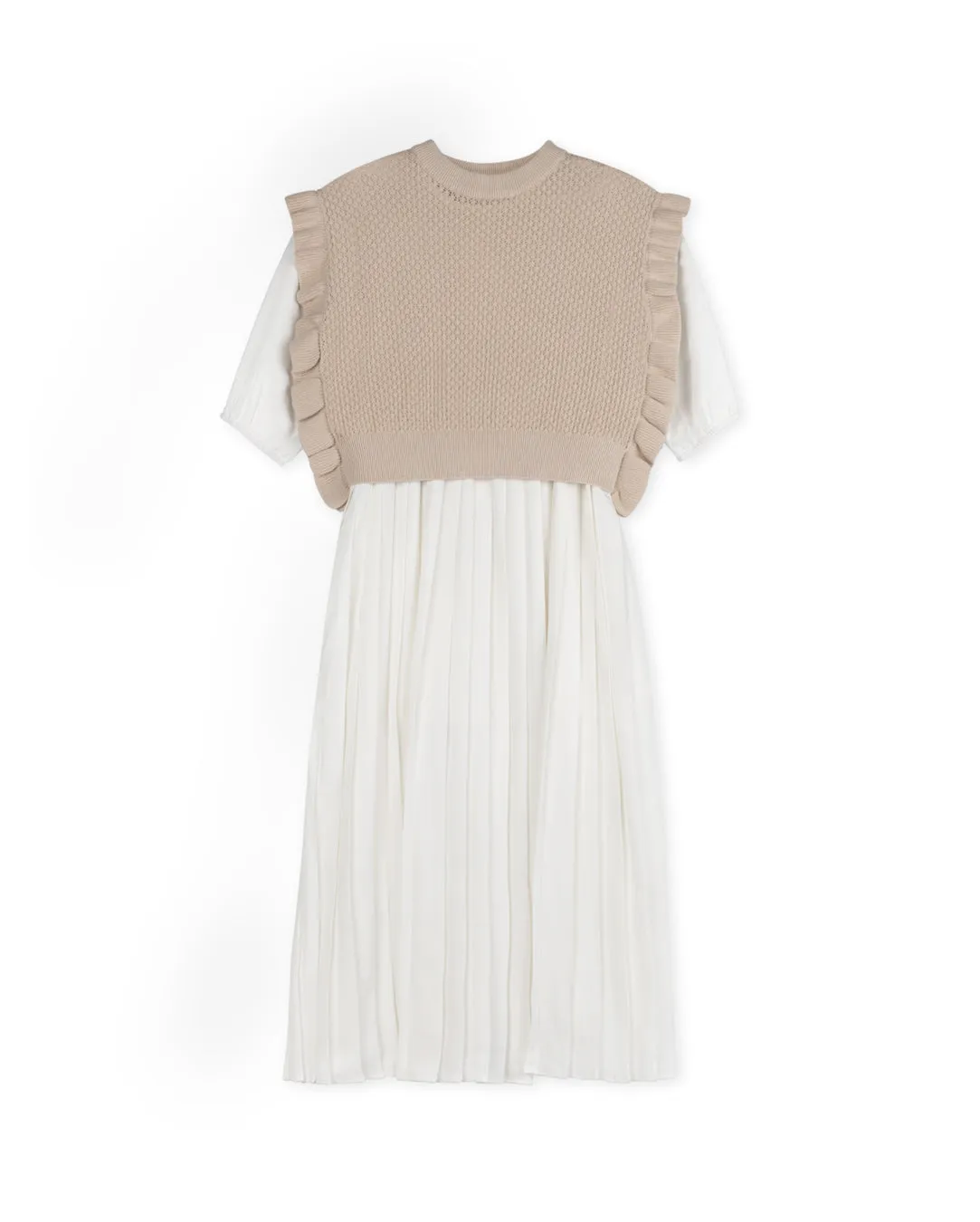 Minimal Pleated Dress w Pointelle Vest