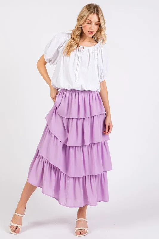 Mittoshop Chiffon Ruffle Layer Elastic Waist Midi Skirt