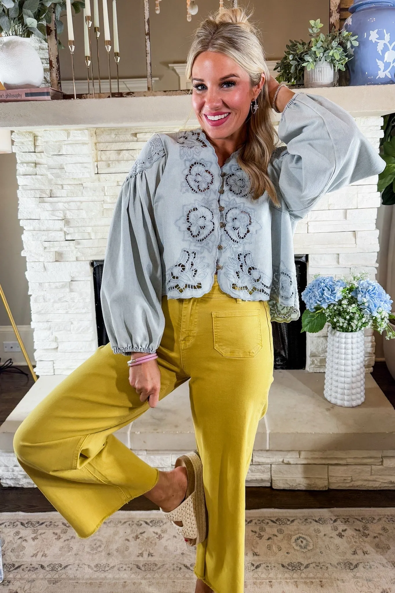 Mustard Yellow Super High Rise Patch Pocket Wide Leg Crop Mica Jeans