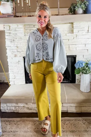 Mustard Yellow Super High Rise Patch Pocket Wide Leg Crop Mica Jeans