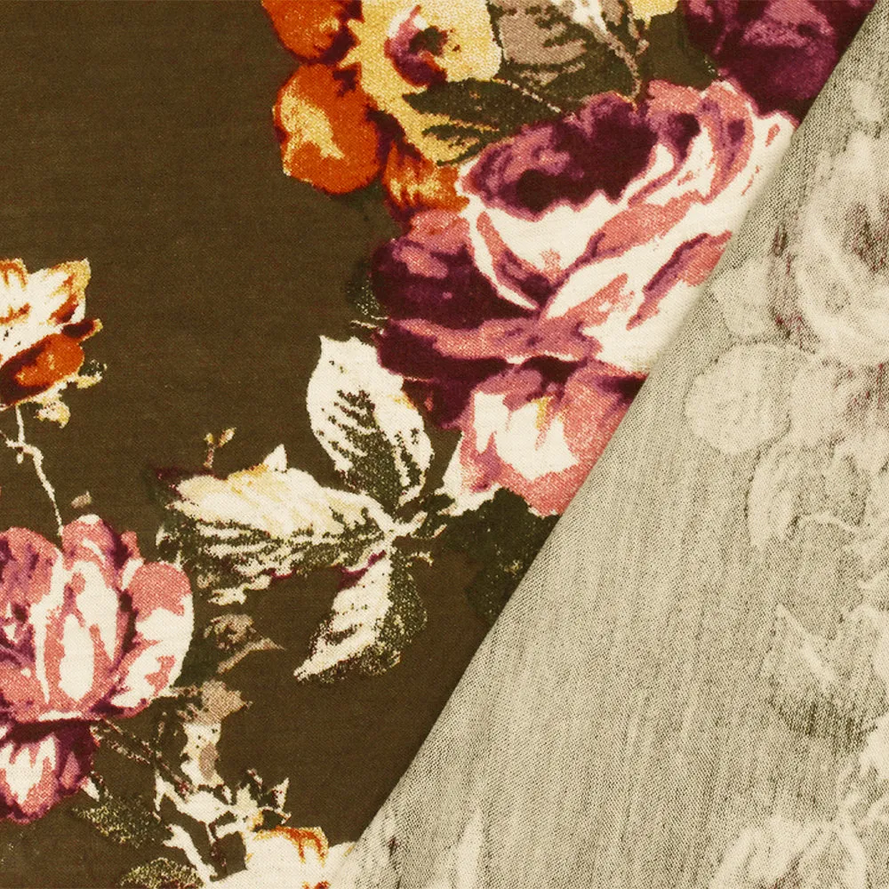 Oak Brown-Pink-Multi Floral Printed Stretch Rayon Jersey Knit Fabric