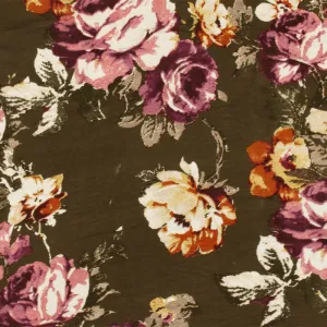 Oak Brown-Pink-Multi Floral Printed Stretch Rayon Jersey Knit Fabric