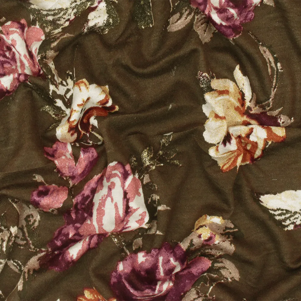 Oak Brown-Pink-Multi Floral Printed Stretch Rayon Jersey Knit Fabric