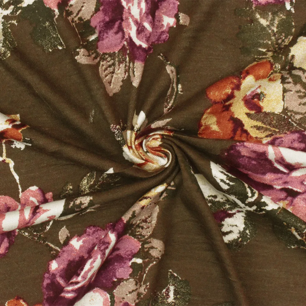 Oak Brown-Pink-Multi Floral Printed Stretch Rayon Jersey Knit Fabric