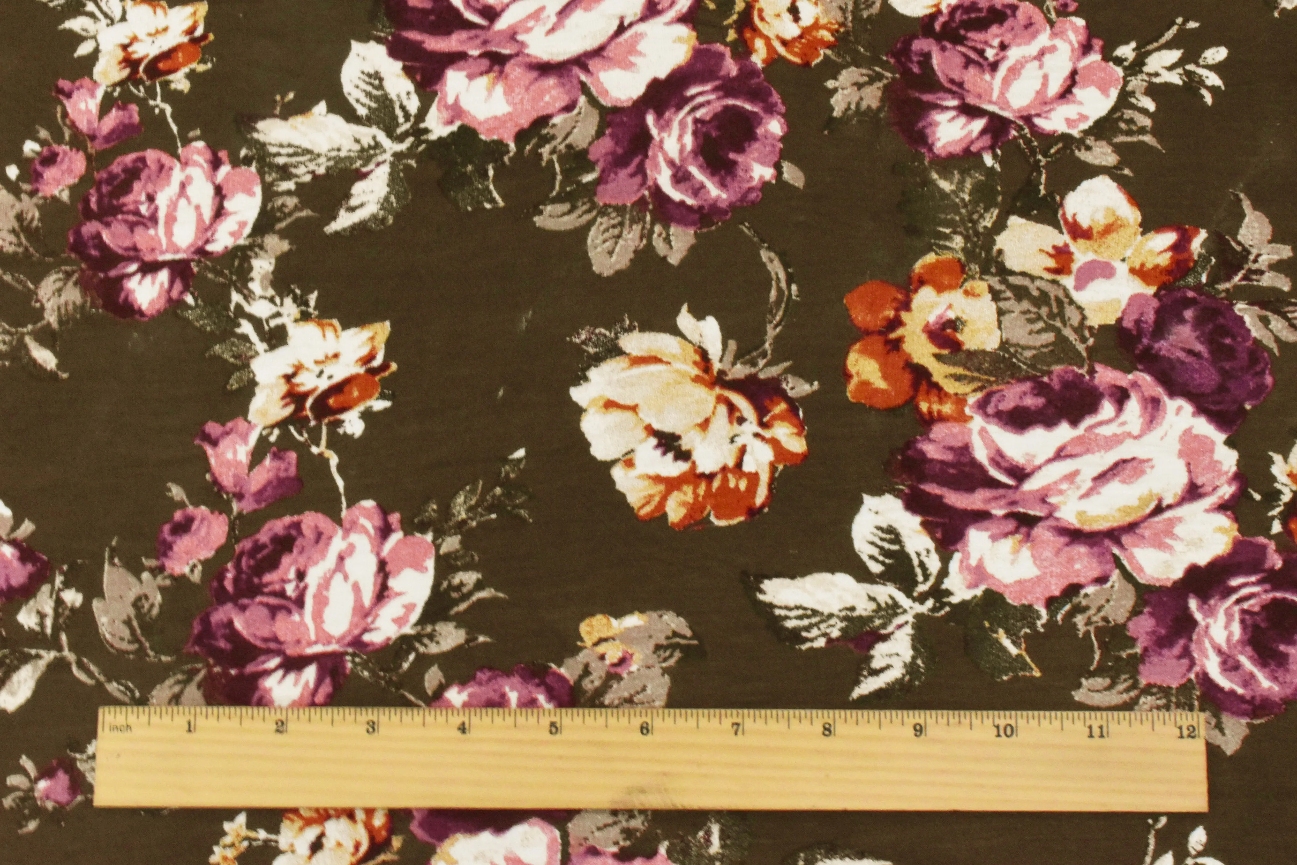 Oak Brown-Pink-Multi Floral Printed Stretch Rayon Jersey Knit Fabric