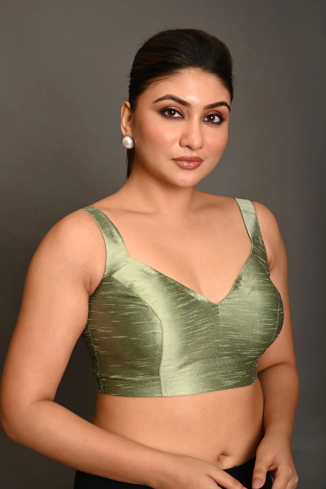 Pastel Green Blouse in Raw Silk With Sweetheart Neckline and broad strap