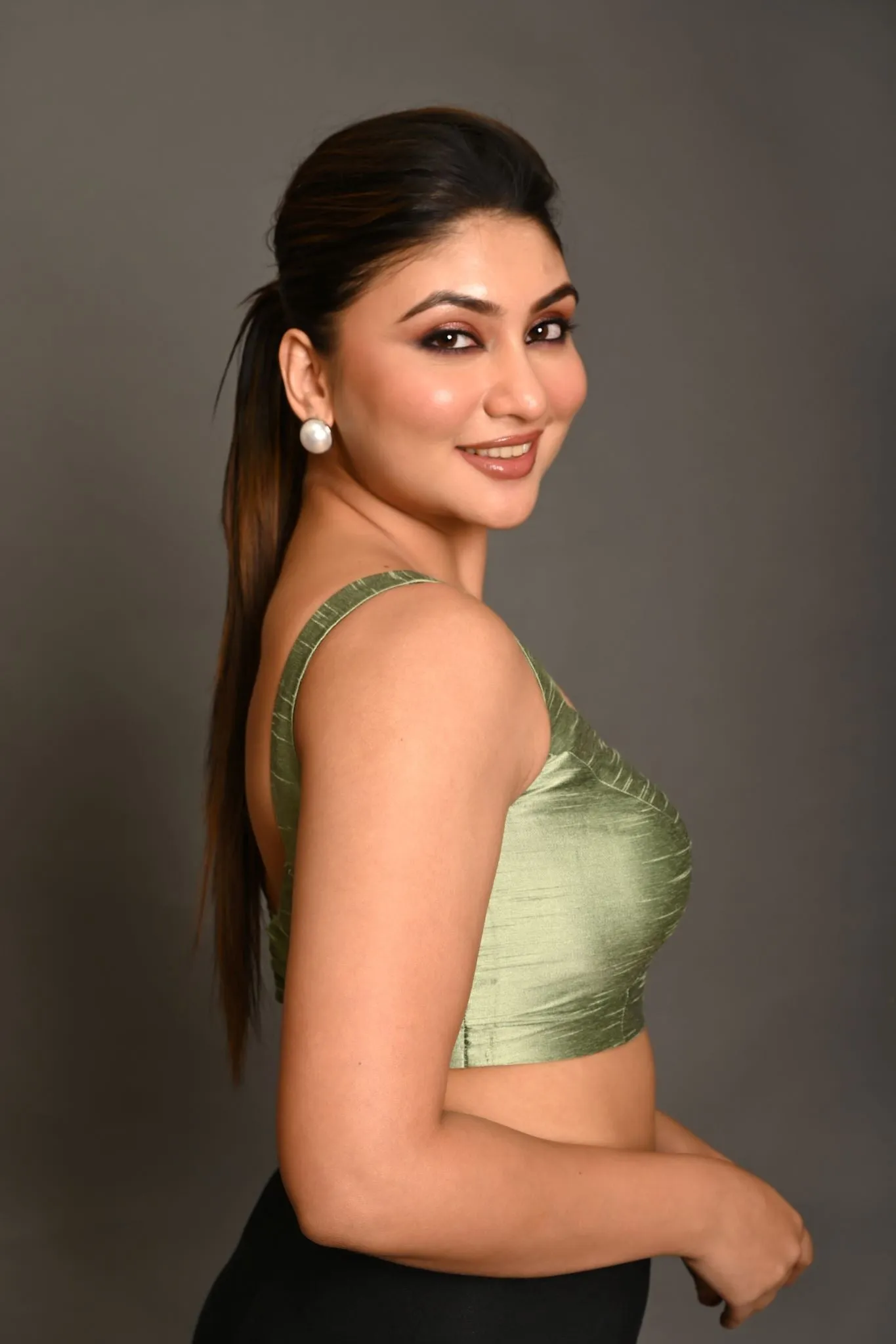Pastel Green Blouse in Raw Silk With Sweetheart Neckline and broad strap
