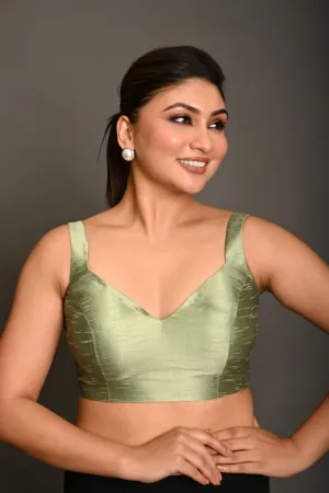 Pastel Green Blouse in Raw Silk With Sweetheart Neckline and broad strap
