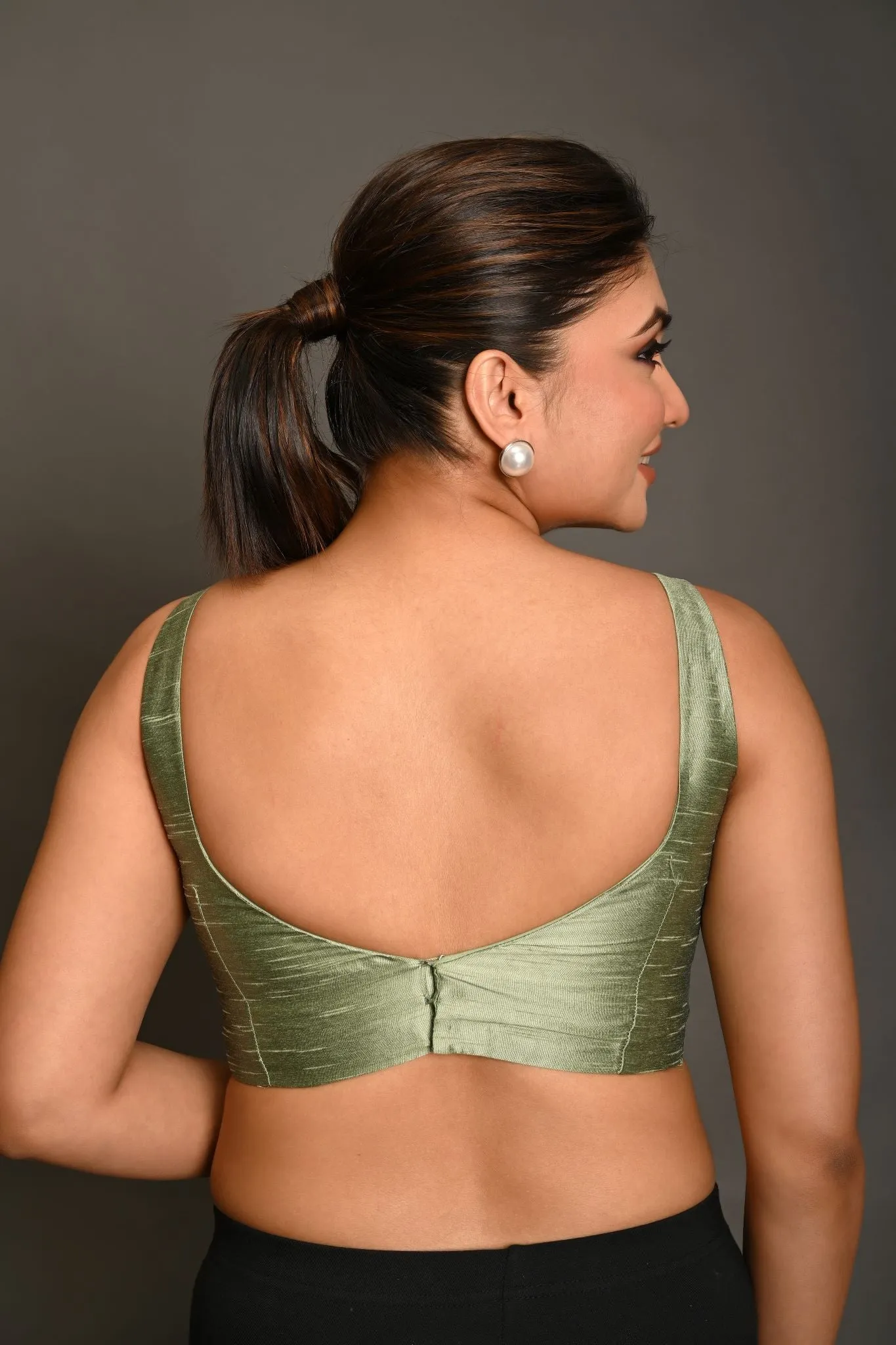 Pastel Green Blouse in Raw Silk With Sweetheart Neckline and broad strap