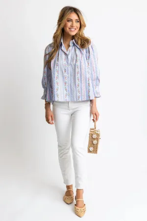 Periwinkle Floral French Vine Button-Up Top With Ruffle Slv