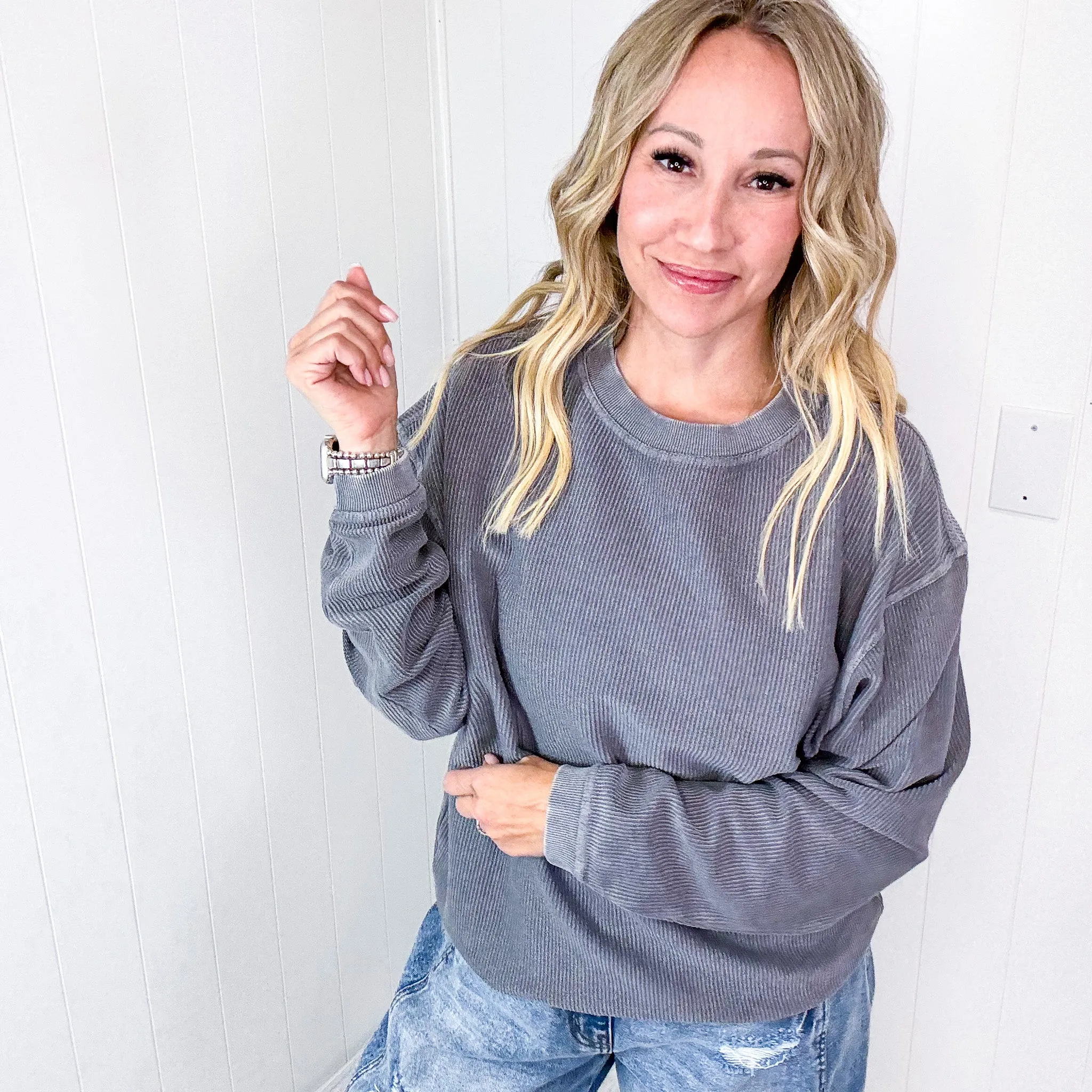 Pewter Charcoal Oversized Luxe Soft Corded Crewneck Long Sleeve Pullover
