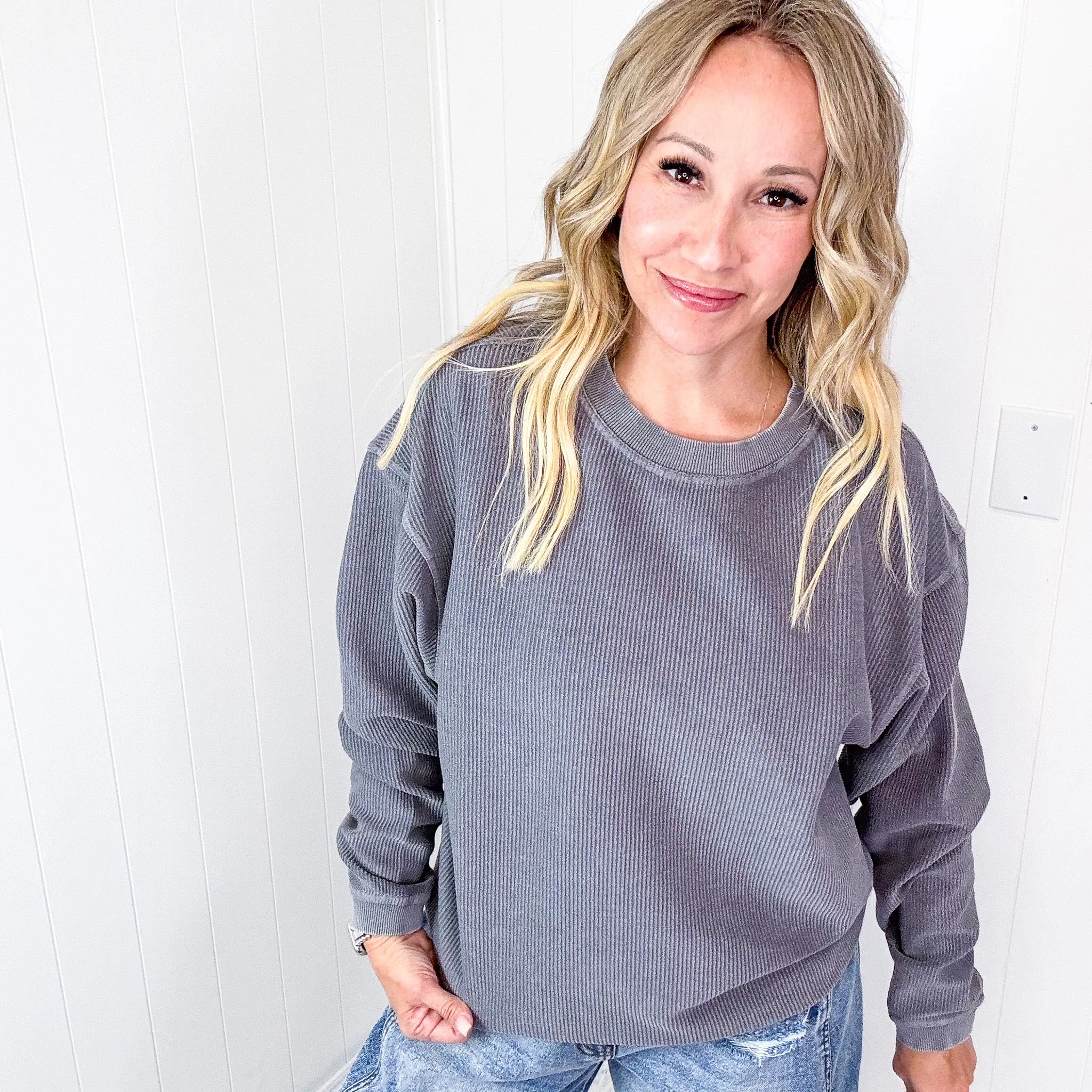 Pewter Charcoal Oversized Luxe Soft Corded Crewneck Long Sleeve Pullover