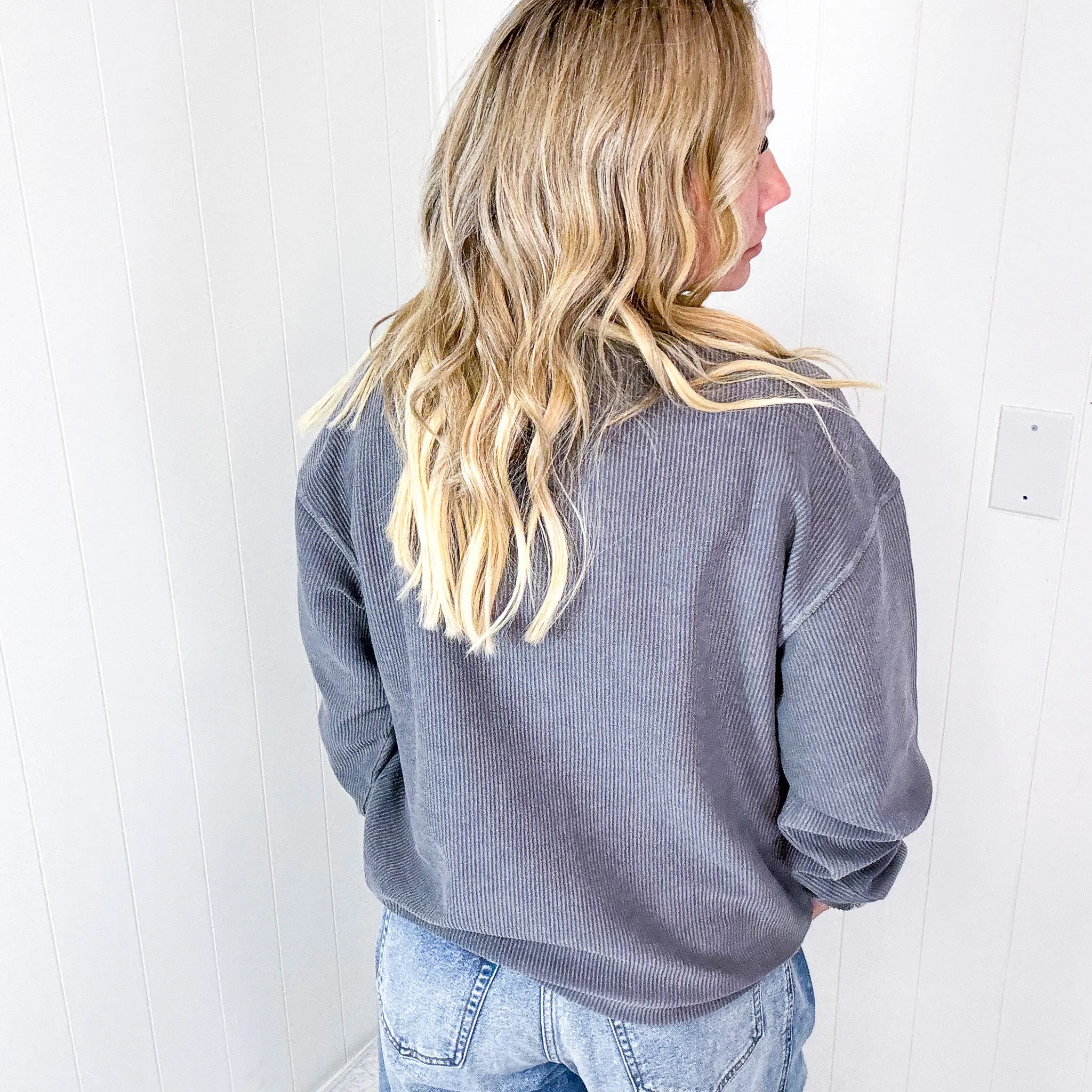 Pewter Charcoal Oversized Luxe Soft Corded Crewneck Long Sleeve Pullover