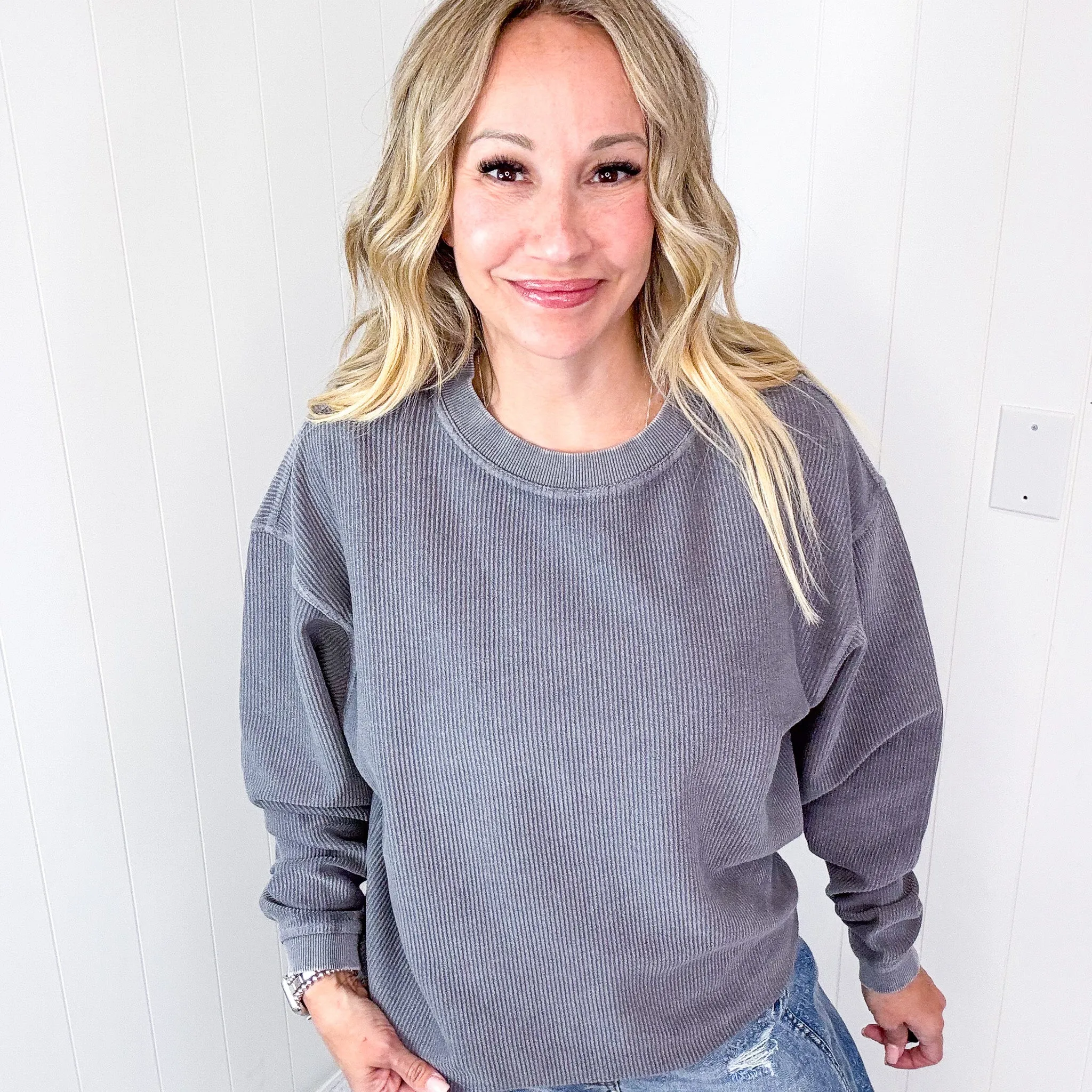 Pewter Charcoal Oversized Luxe Soft Corded Crewneck Long Sleeve Pullover