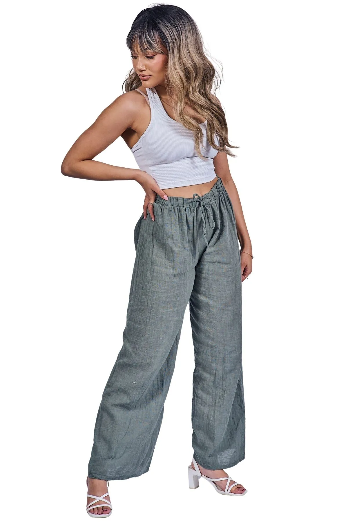 Plain Drawstring Cotton Trousers