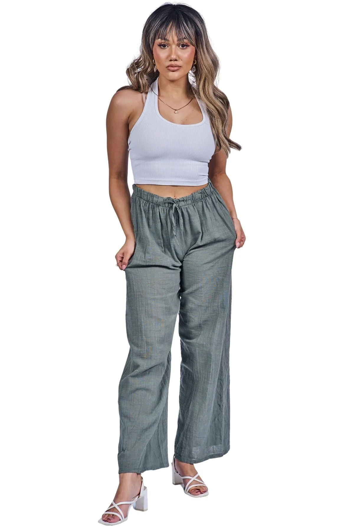 Plain Drawstring Cotton Trousers