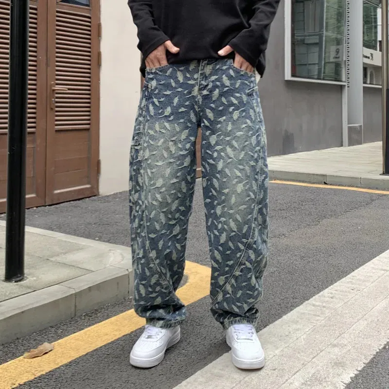 Printed Feather Jacquard Loose Jeans