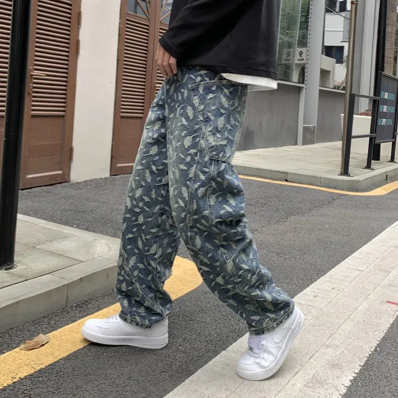 Printed Feather Jacquard Loose Jeans