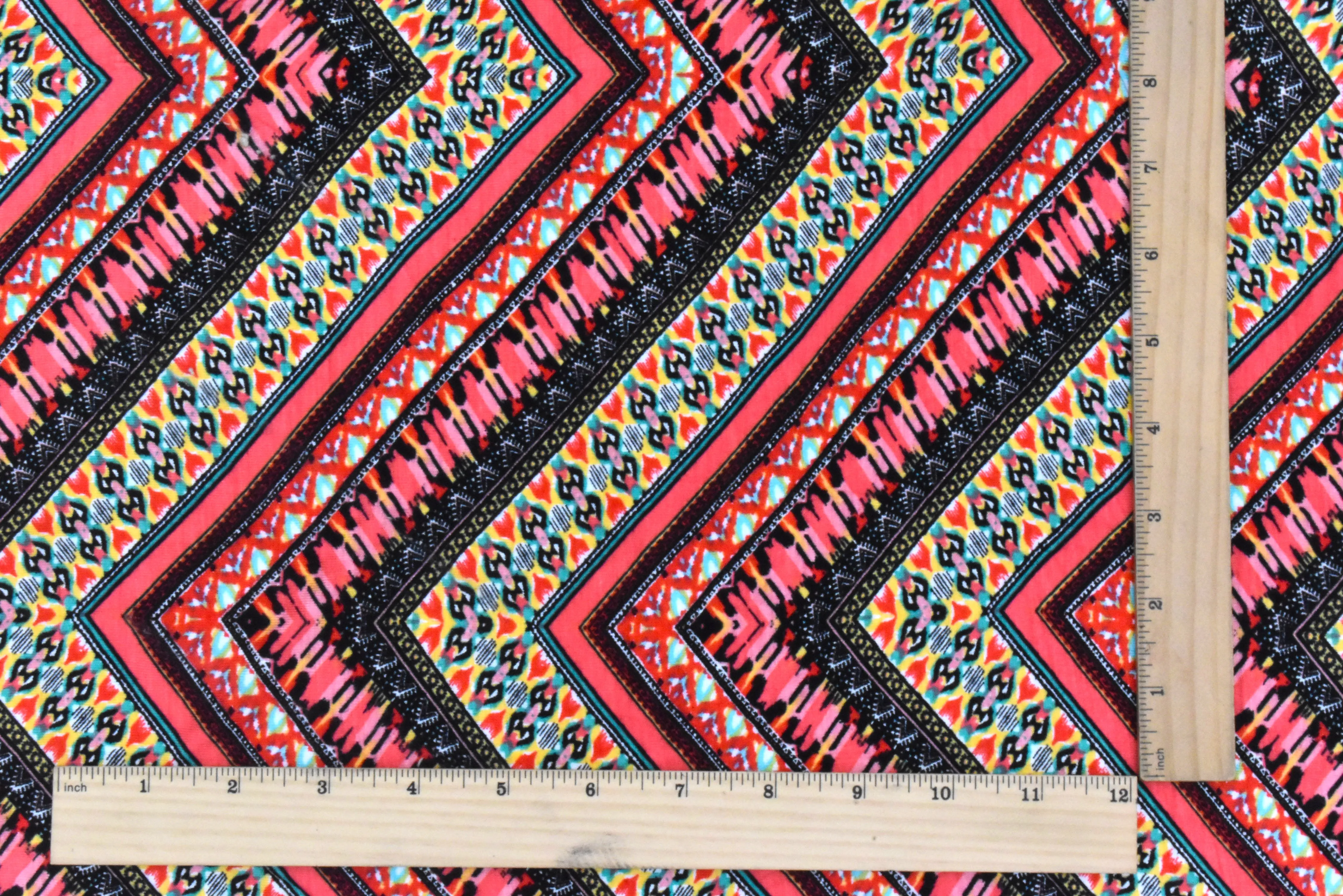 Red-Black-Multi Mix Pattern Chevron Printed Stretch Jersey Knit Fabric