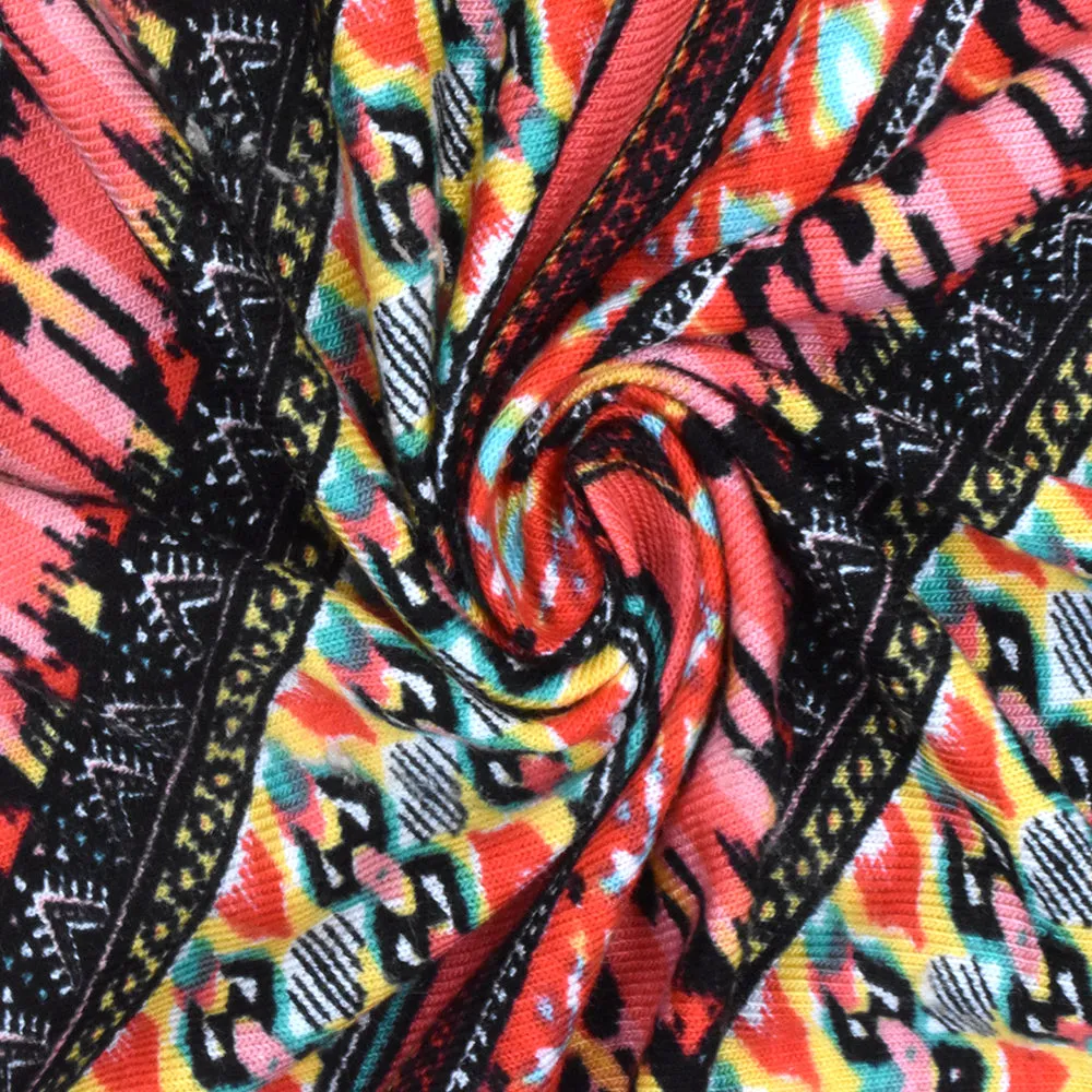Red-Black-Multi Mix Pattern Chevron Printed Stretch Jersey Knit Fabric
