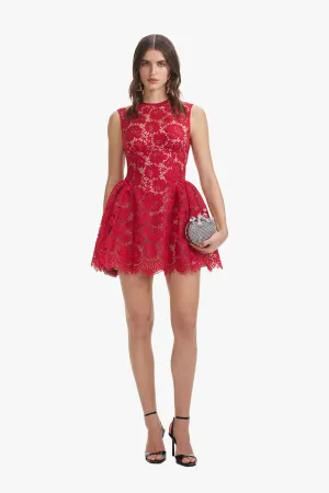 Red Fine Lace Pearl Mini Dress
