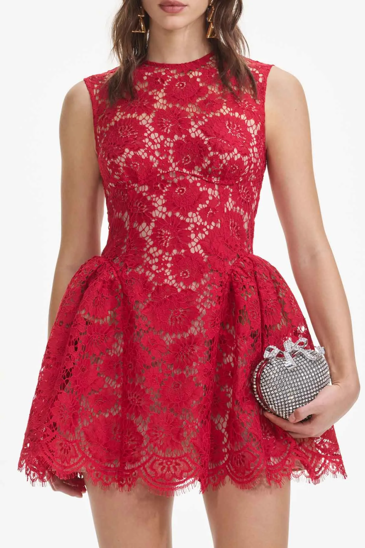 Red Fine Lace Pearl Mini Dress