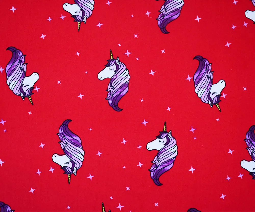 Red-Multi Unicorn Printed Poly Stretch Double Brushed Jersey Knit Fabric