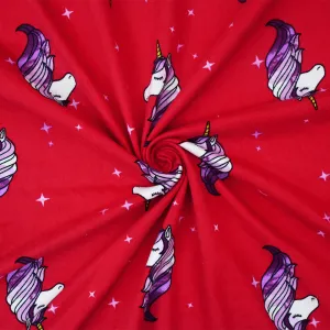 Red-Multi Unicorn Printed Poly Stretch Double Brushed Jersey Knit Fabric