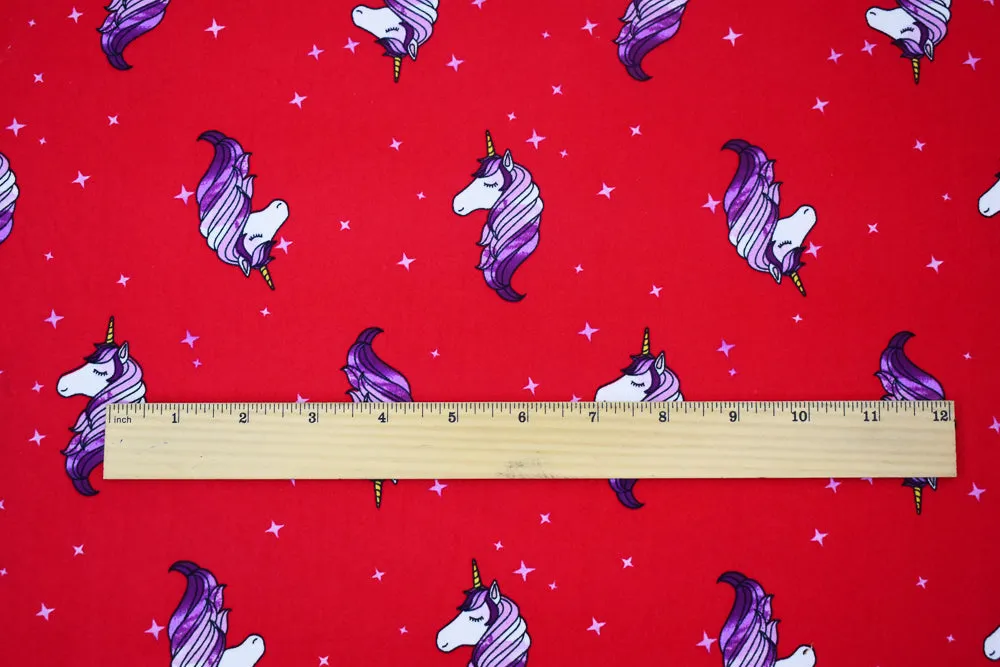 Red-Multi Unicorn Printed Poly Stretch Double Brushed Jersey Knit Fabric