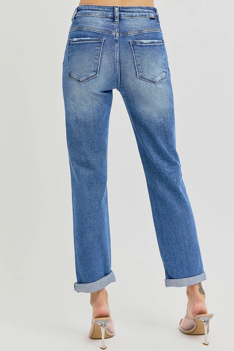 Risen High Rise Crop Girlfriend Roll Bottom Jeans