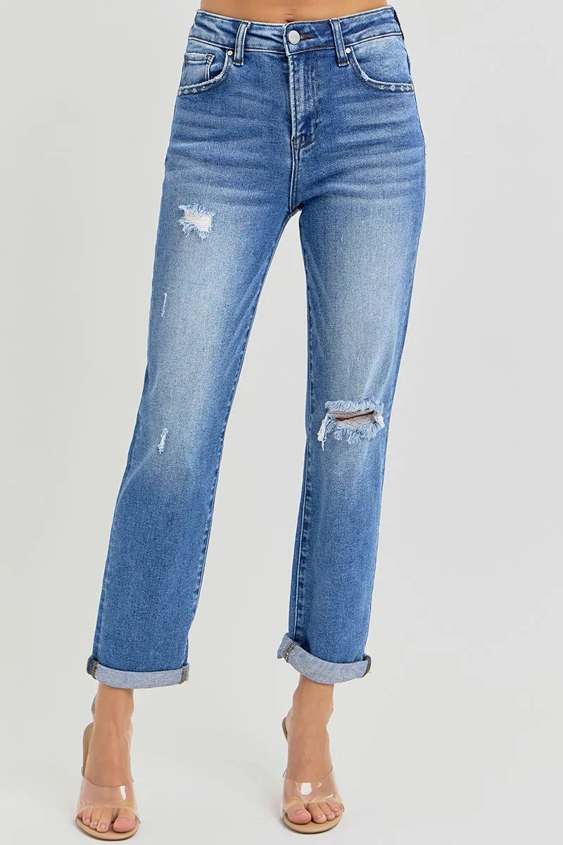 Risen High Rise Crop Girlfriend Roll Bottom Jeans