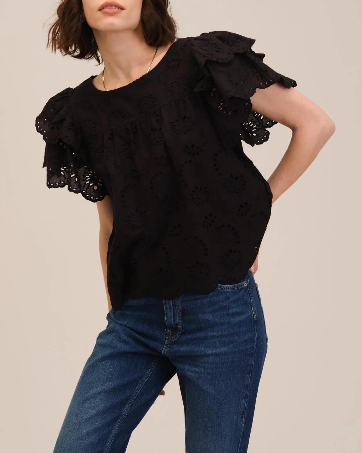 Ruffle Sleeve Eyelet Blouse
