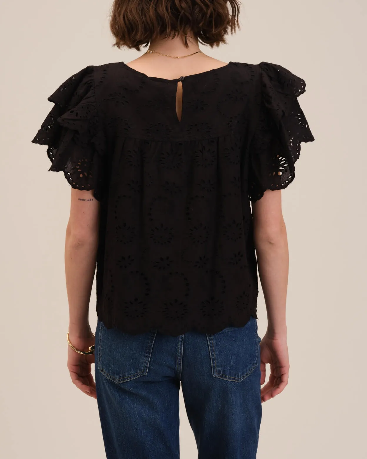 Ruffle Sleeve Eyelet Blouse