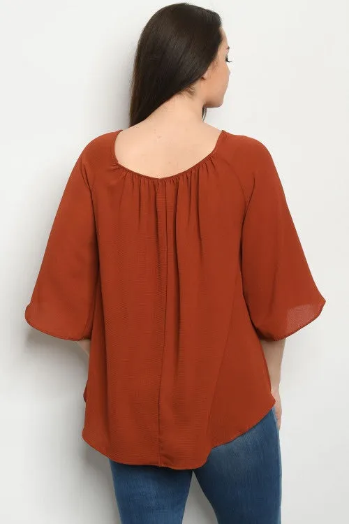 Rust Button Up Tie Hem Half Sleeve Plus Size Blouse