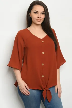 Rust Button Up Tie Hem Half Sleeve Plus Size Blouse