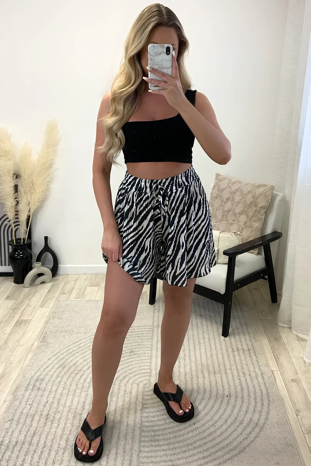 Sally Black and White Plisse Zebra Print Floaty Shorts